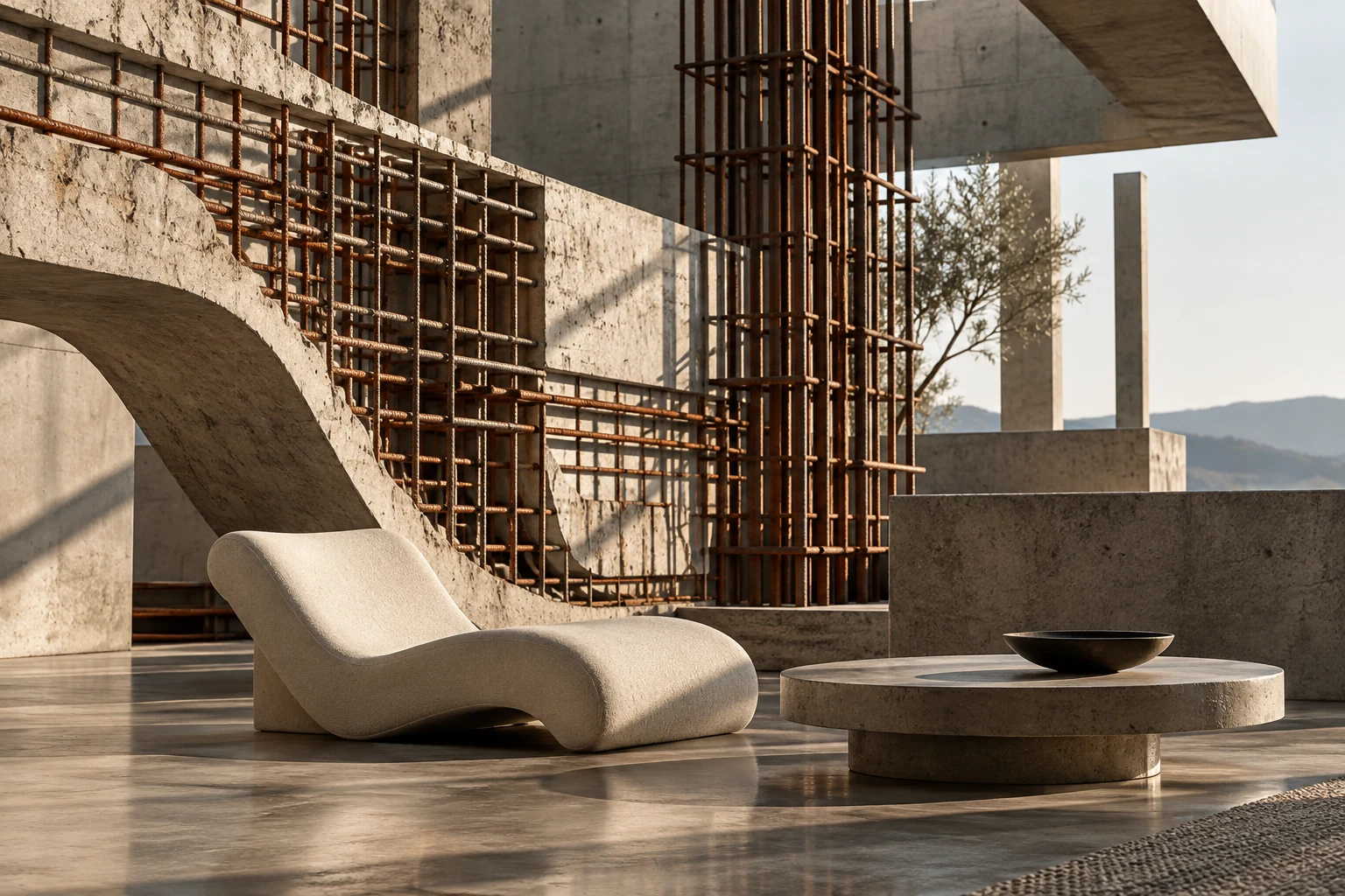 Sculptural contemporary furniture framed by exposed concrete and steel reinforcement